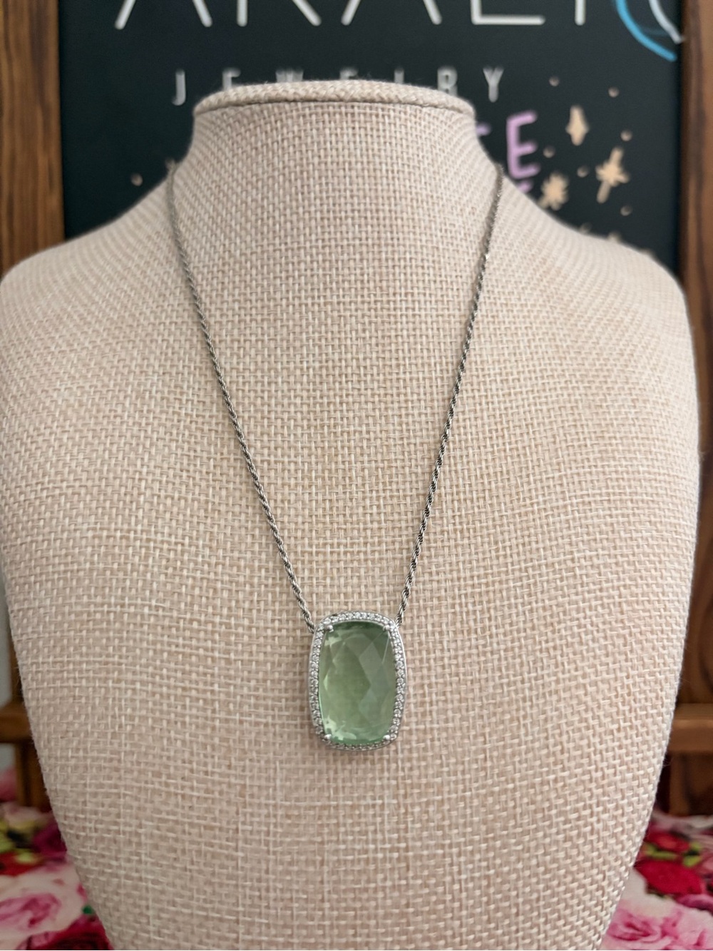 Green Gemstone Pendant Necklace with Silver Chain